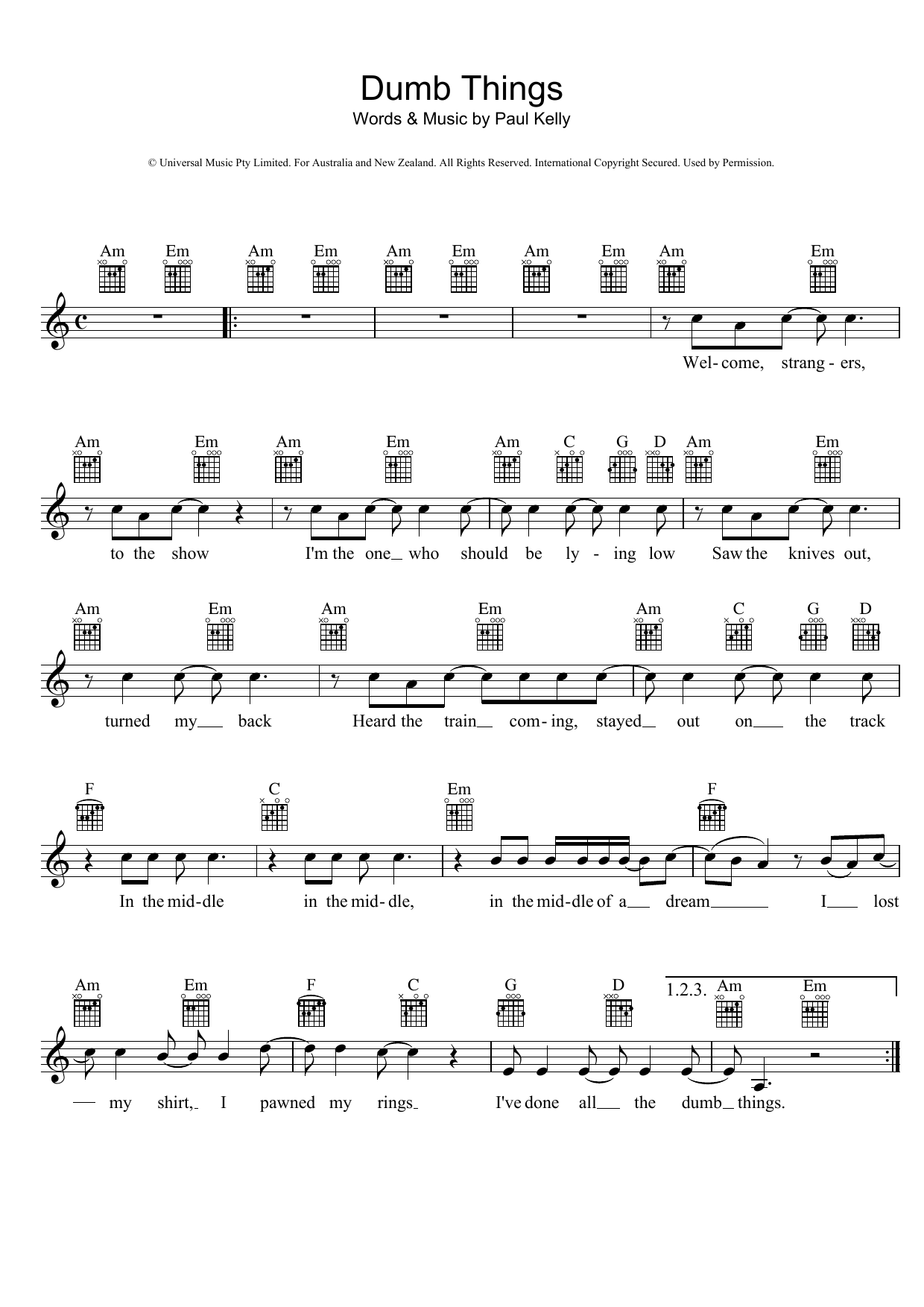 Download Paul Kelly Dumb Things Sheet Music and learn how to play Melody Line, Lyrics & Chords PDF digital score in minutes