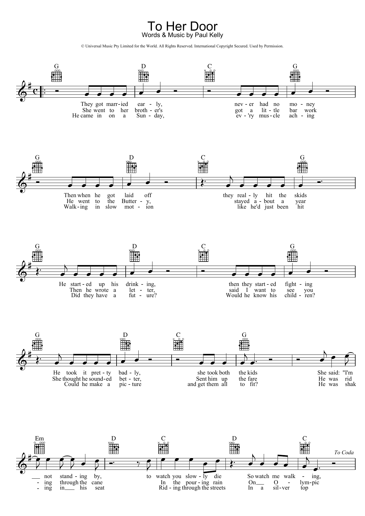 Download Paul Kelly To Her Door Sheet Music and learn how to play Melody Line, Lyrics & Chords PDF digital score in minutes