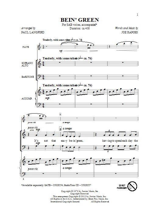 Download Paul Langford Bein' Green Sheet Music and learn how to play SATB PDF digital score in minutes