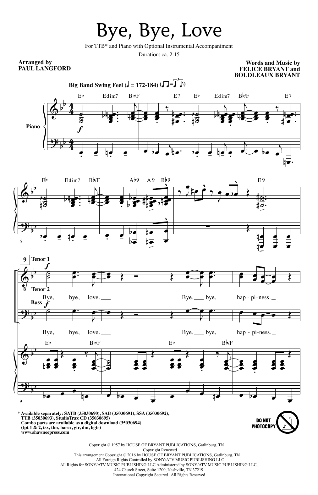 Download Paul Langford Bye Bye Love Sheet Music and learn how to play SAB PDF digital score in minutes