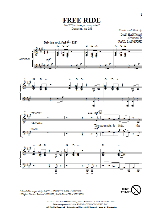 Download Dan Hartman Free Ride (arr. Paul Langford) Sheet Music and learn how to play TTBB PDF digital score in minutes