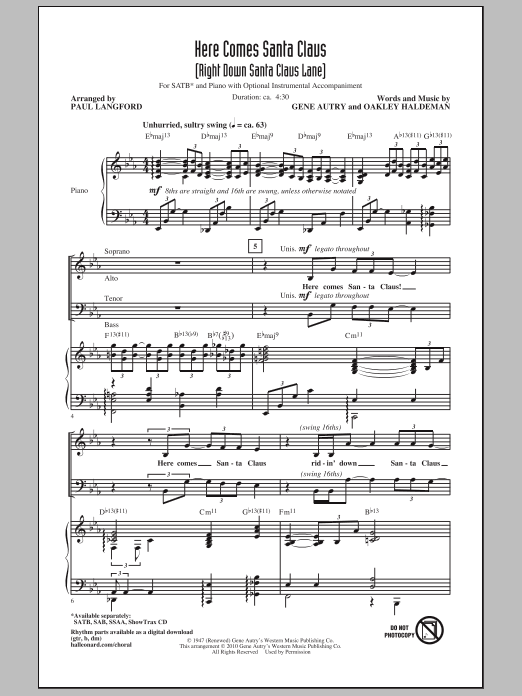Download Paul Langford Here Comes Santa Claus (Right Down Santa Claus Lane) Sheet Music and learn how to play SATB Choir PDF digital score in minutes