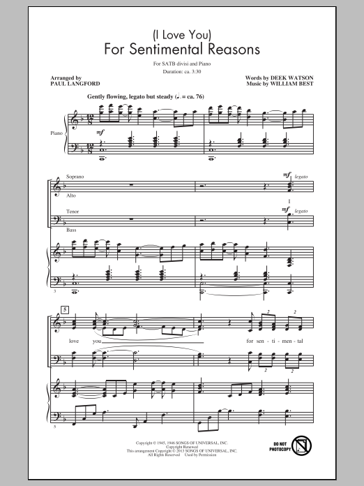 Download Nat King Cole (I Love You) For Sentimental Reasons (arr. Paul Langford) Sheet Music and learn how to play SATB PDF digital score in minutes