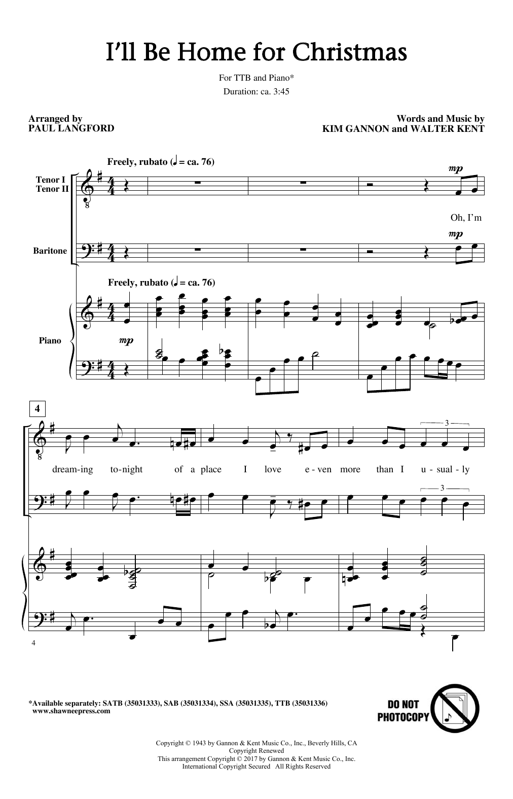 Download Paul Langford I'll Be Home For Christmas Sheet Music and learn how to play SSA PDF digital score in minutes