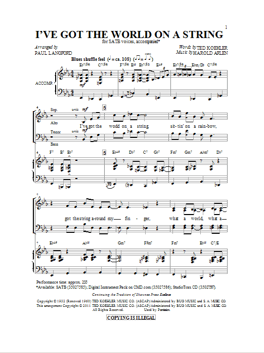 Download Paul Langford I've Got The World On A String Sheet Music and learn how to play SATB PDF digital score in minutes