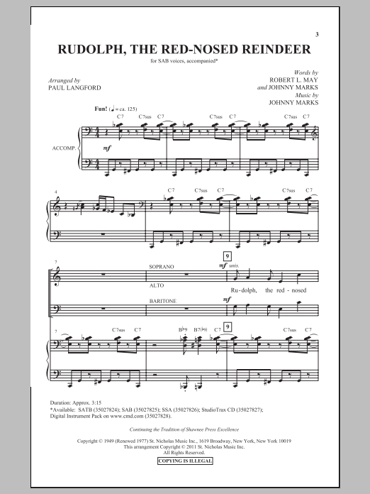 Download Johnny Marks Rudolph The Red-Nosed Reindeer (arr. Paul Langford) Sheet Music and learn how to play SAB PDF digital score in minutes