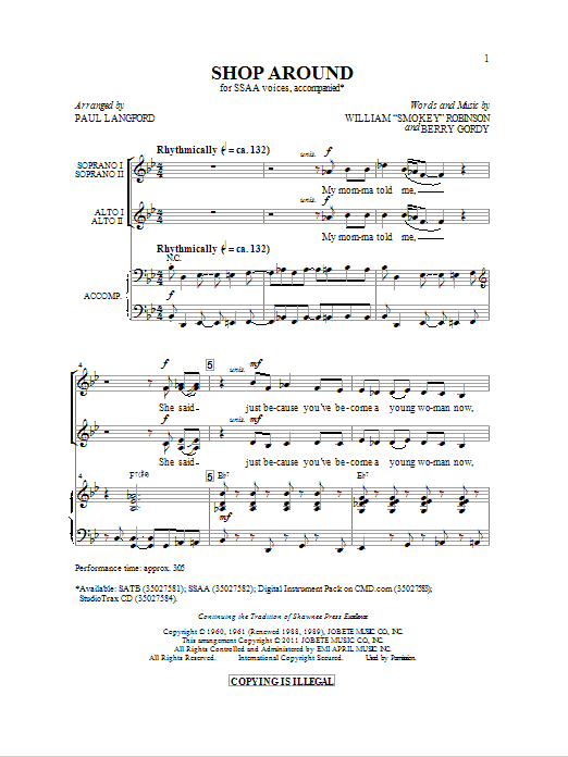Download Smokey Robinson & The Miracles Shop Around (arr. Paul Langford) Sheet Music and learn how to play SSA PDF digital score in minutes