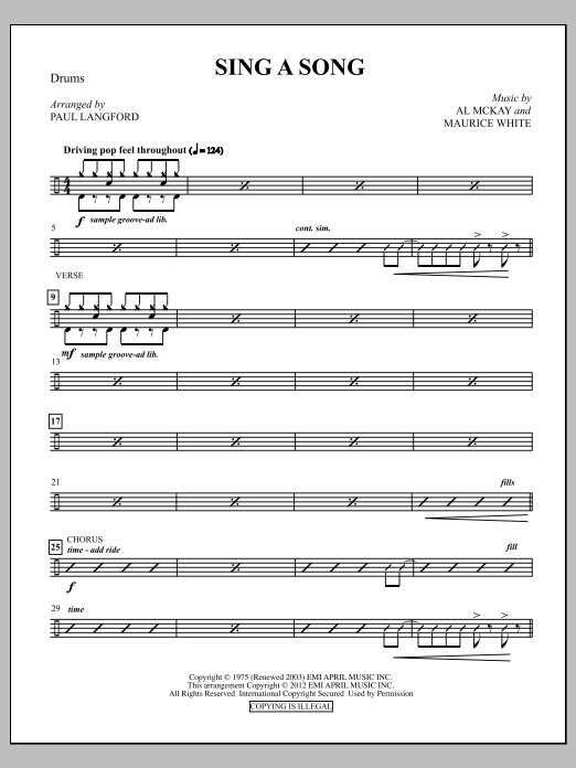 Download Paul Langford Sing A Song - Drum (Opt. Set) Sheet Music and learn how to play Choir Instrumental Pak PDF digital score in minutes