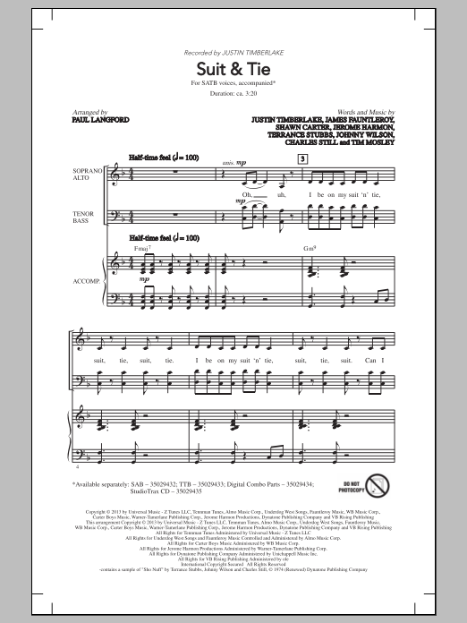 Download Justin Timberlake Suit & Tie (arr. Paul Langford) Sheet Music and learn how to play SATB PDF digital score in minutes