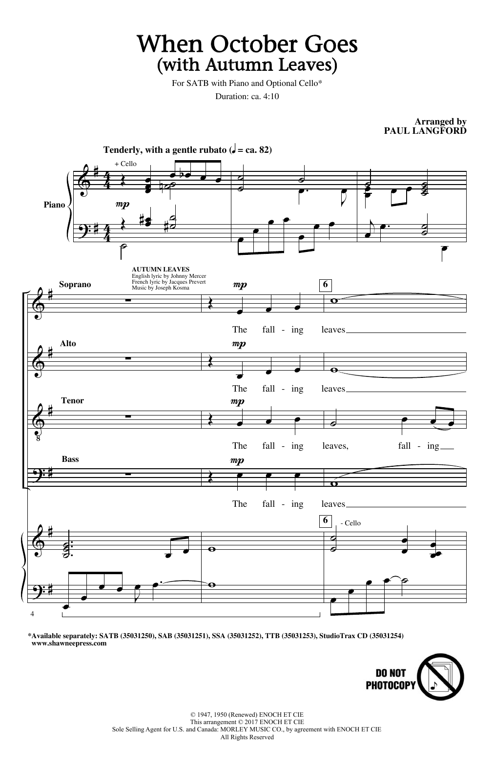 Download Paul Langford When October Goes (with Autumn Leaves) Sheet Music and learn how to play TTBB PDF digital score in minutes