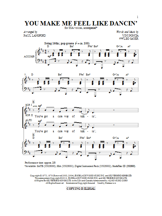 Download Leo Sayer You Make Me Feel Like Dancing (arr. Paul Langford) Sheet Music and learn how to play SSA PDF digital score in minutes
