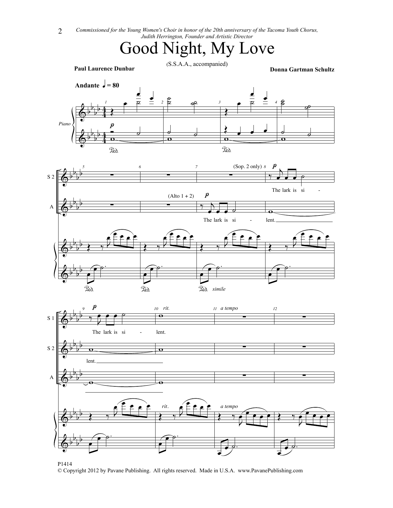 Download Paul Laurence Dunbar Good Night, My Love Sheet Music and learn how to play SSAA Choir PDF digital score in minutes