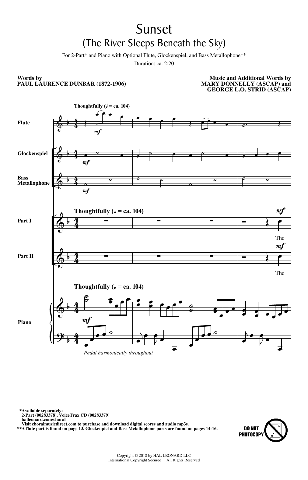 Download Paul Laurence Dunbar Sunset (The River Sleeps Beneath The Sky) Sheet Music and learn how to play 2-Part Choir PDF digital score in minutes