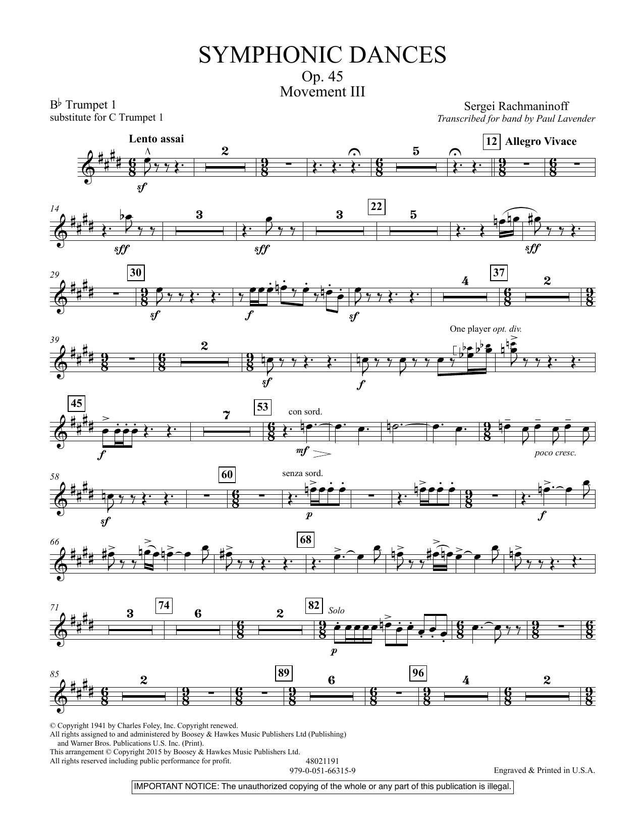 Download Paul Lavender Symphonic Dances, Op.45 - Bb Trumpet Parts - Digital Only - Bb Trumpet 1 (sub. C Sheet Music and learn how to play Concert Band PDF digital score in minutes