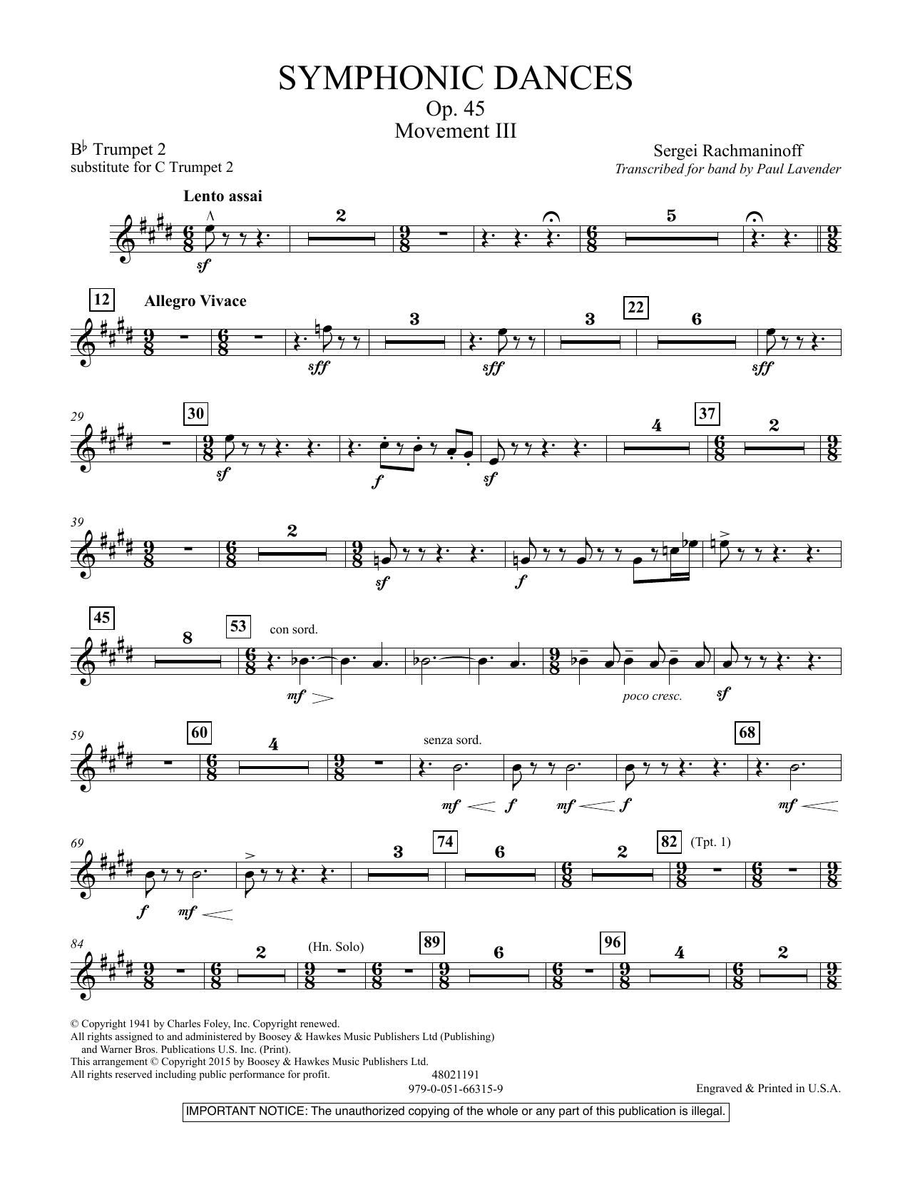 Download Paul Lavender Symphonic Dances, Op.45 - Bb Trumpet Parts - Digital Only - Bb Trumpet 2 (sub. C Sheet Music and learn how to play Concert Band PDF digital score in minutes