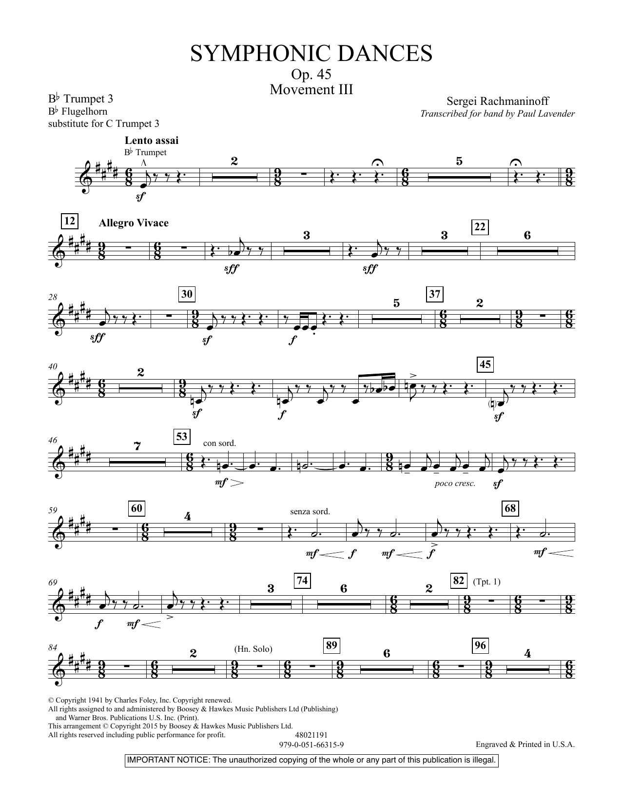 Download Paul Lavender Symphonic Dances, Op.45 - Bb Trumpet Parts - Digital Only - Bb Trumpet 3 (sub. C Sheet Music and learn how to play Concert Band PDF digital score in minutes