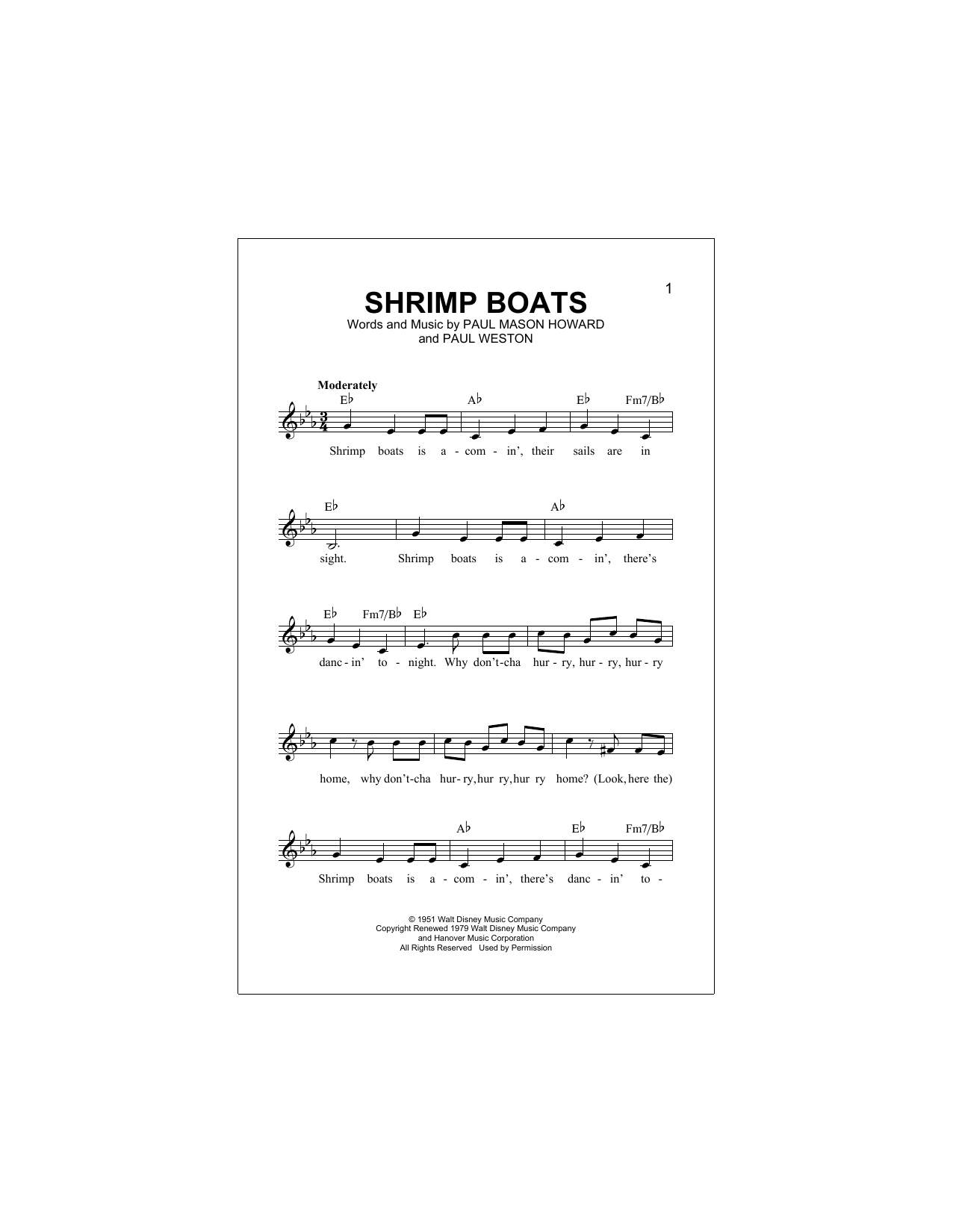 Download Paul Mason Howard Shrimp Boats Sheet Music and learn how to play Melody Line, Lyrics & Chords PDF digital score in minutes