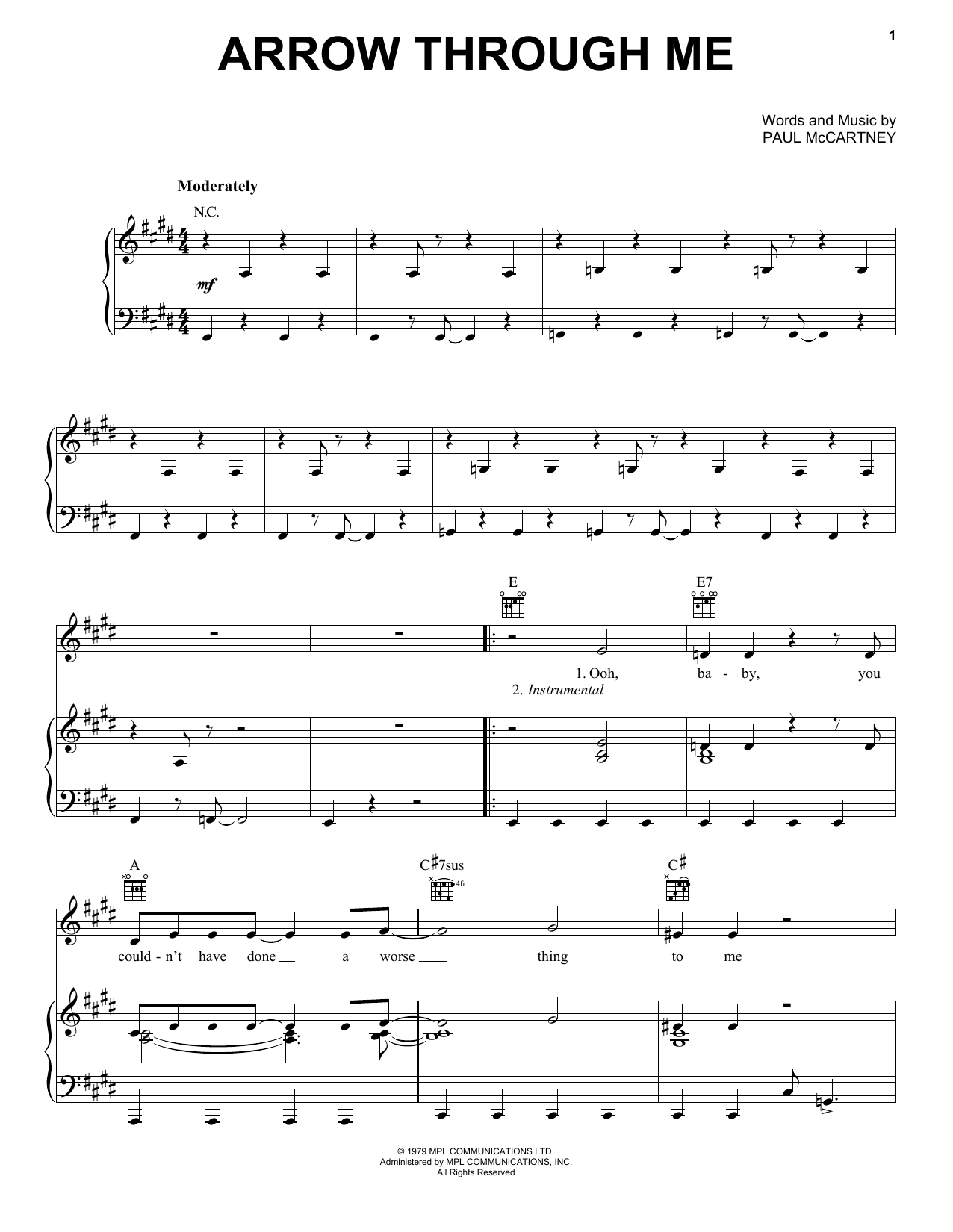 Download Paul McCartney & Wings Arrow Through Me Sheet Music and learn how to play Piano, Vocal & Guitar (Right-Hand Melody) PDF digital score in minutes