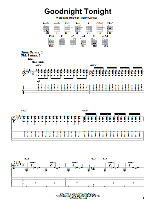 Download Paul McCartney & Wings Goodnight Tonight Sheet Music and learn how to play Easy Guitar Tab PDF digital score in minutes