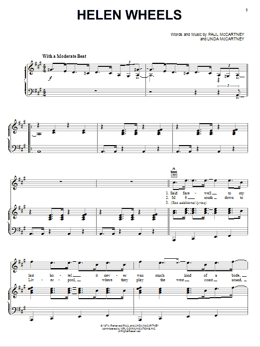 Download Paul McCartney & Wings Helen Wheels Sheet Music and learn how to play Piano, Vocal & Guitar (Right-Hand Melody) PDF digital score in minutes