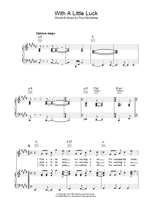 Download Paul McCartney With A Little Luck Sheet Music and learn how to play Piano, Vocal & Guitar (Right-Hand Melody) PDF digital score in minutes