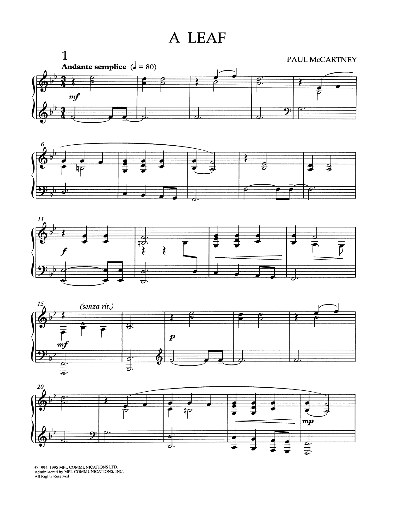 Download Paul McCartney A Leaf Sheet Music and learn how to play Piano PDF digital score in minutes