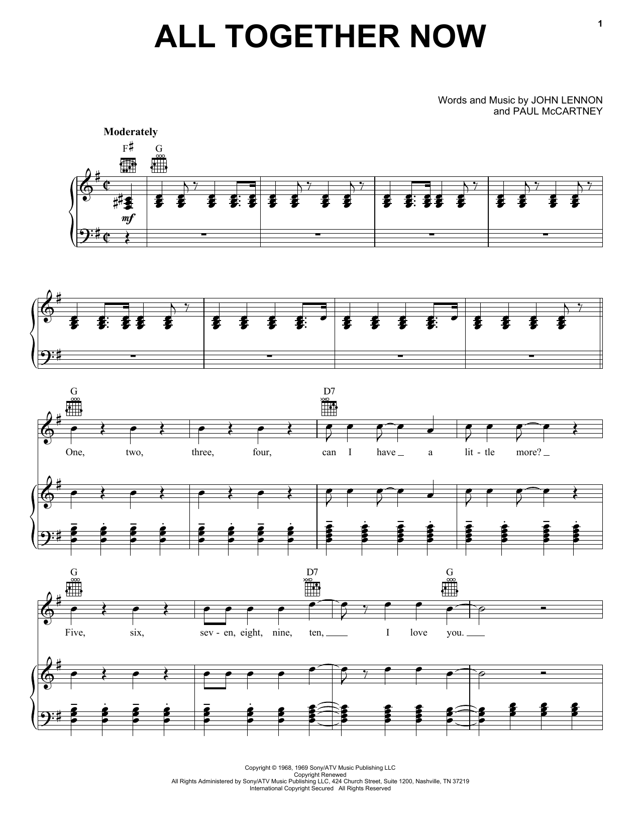 Download The Beatles All Together Now Sheet Music and learn how to play Piano, Vocal & Guitar (Right-Hand Melody) PDF digital score in minutes