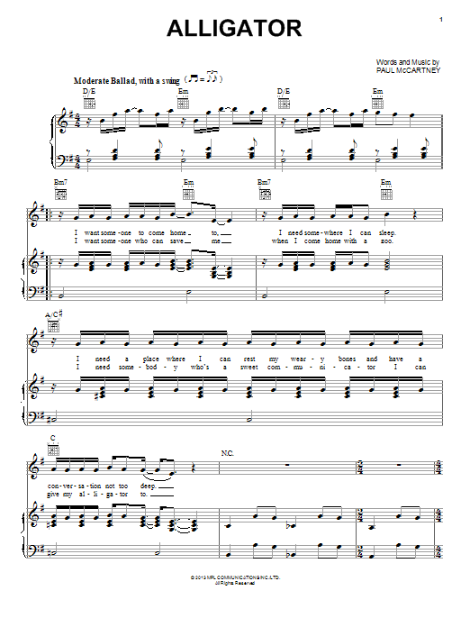 Download Paul McCartney Alligator Sheet Music and learn how to play Piano, Vocal & Guitar (Right-Hand Melody) PDF digital score in minutes