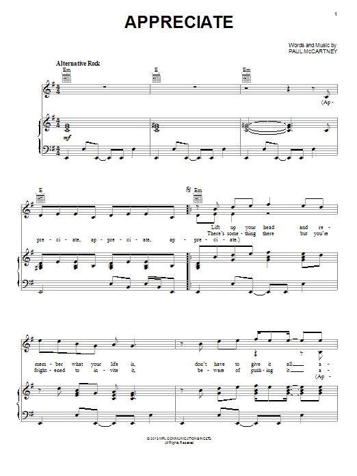 Download Paul McCartney Appreciate Sheet Music and learn how to play Piano, Vocal & Guitar (Right-Hand Melody) PDF digital score in minutes