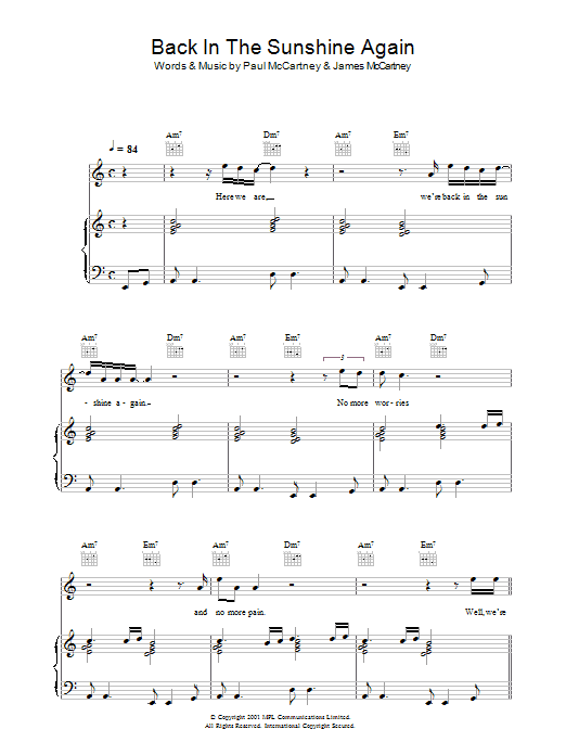 Download Paul McCartney Back In The Sunshine Again Sheet Music and learn how to play Lyrics & Chords PDF digital score in minutes