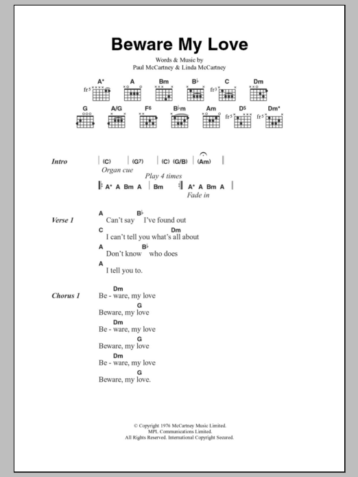 Download Paul McCartney Beware My Love Sheet Music and learn how to play Lyrics & Chords PDF digital score in minutes