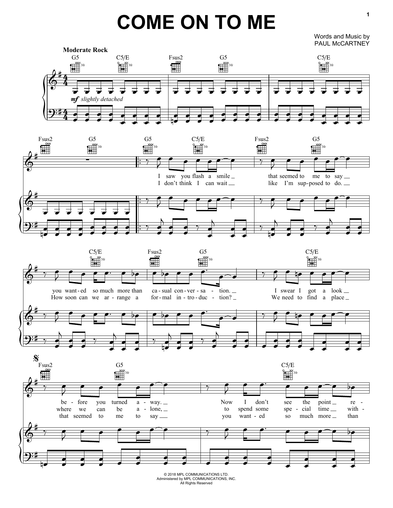 Download Paul McCartney Come On To Me Sheet Music and learn how to play Piano, Vocal & Guitar (Right-Hand Melody) PDF digital score in minutes