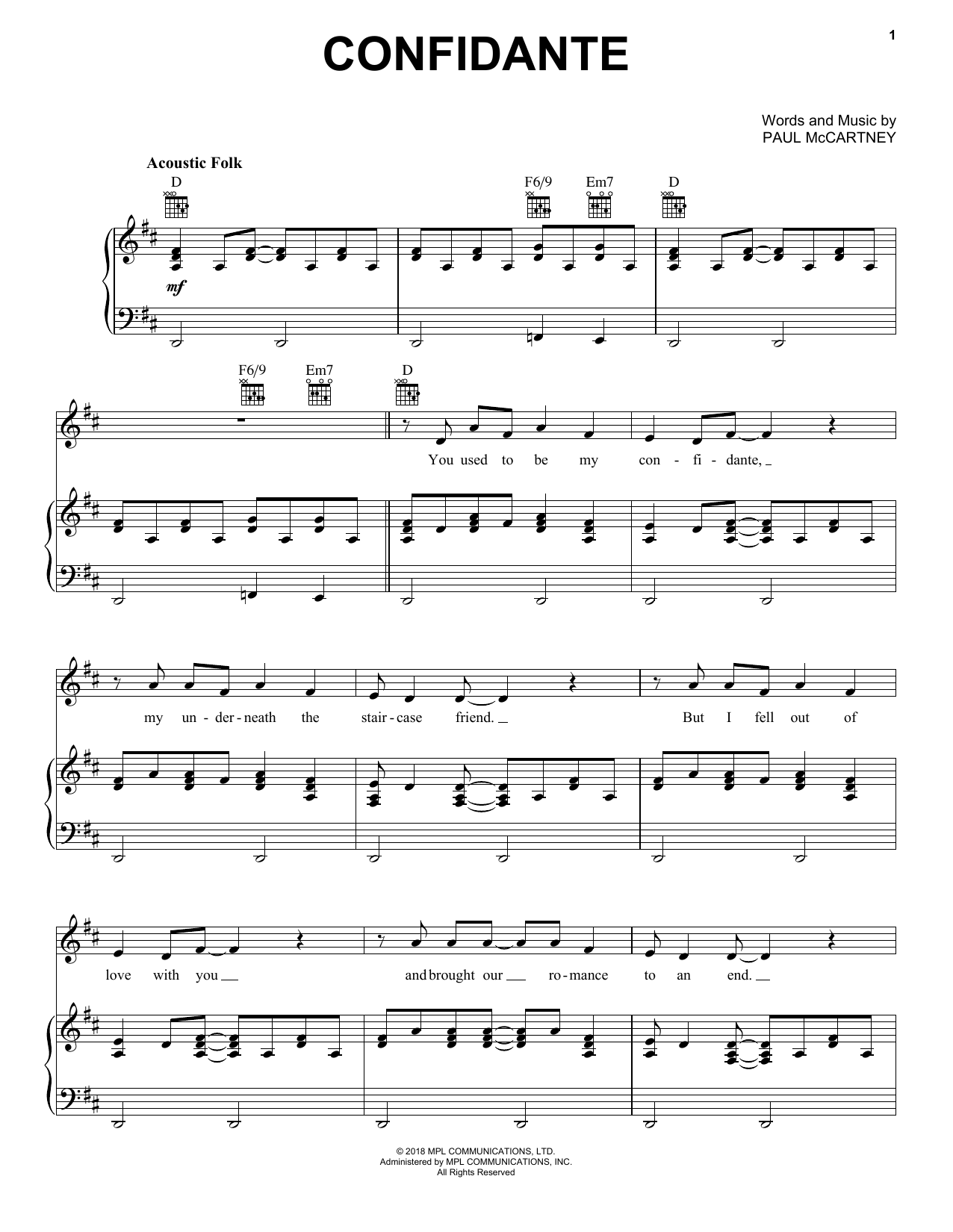 Download Paul McCartney Confidante Sheet Music and learn how to play Piano, Vocal & Guitar Chords (Right-Hand Melody) PDF digital score in minutes