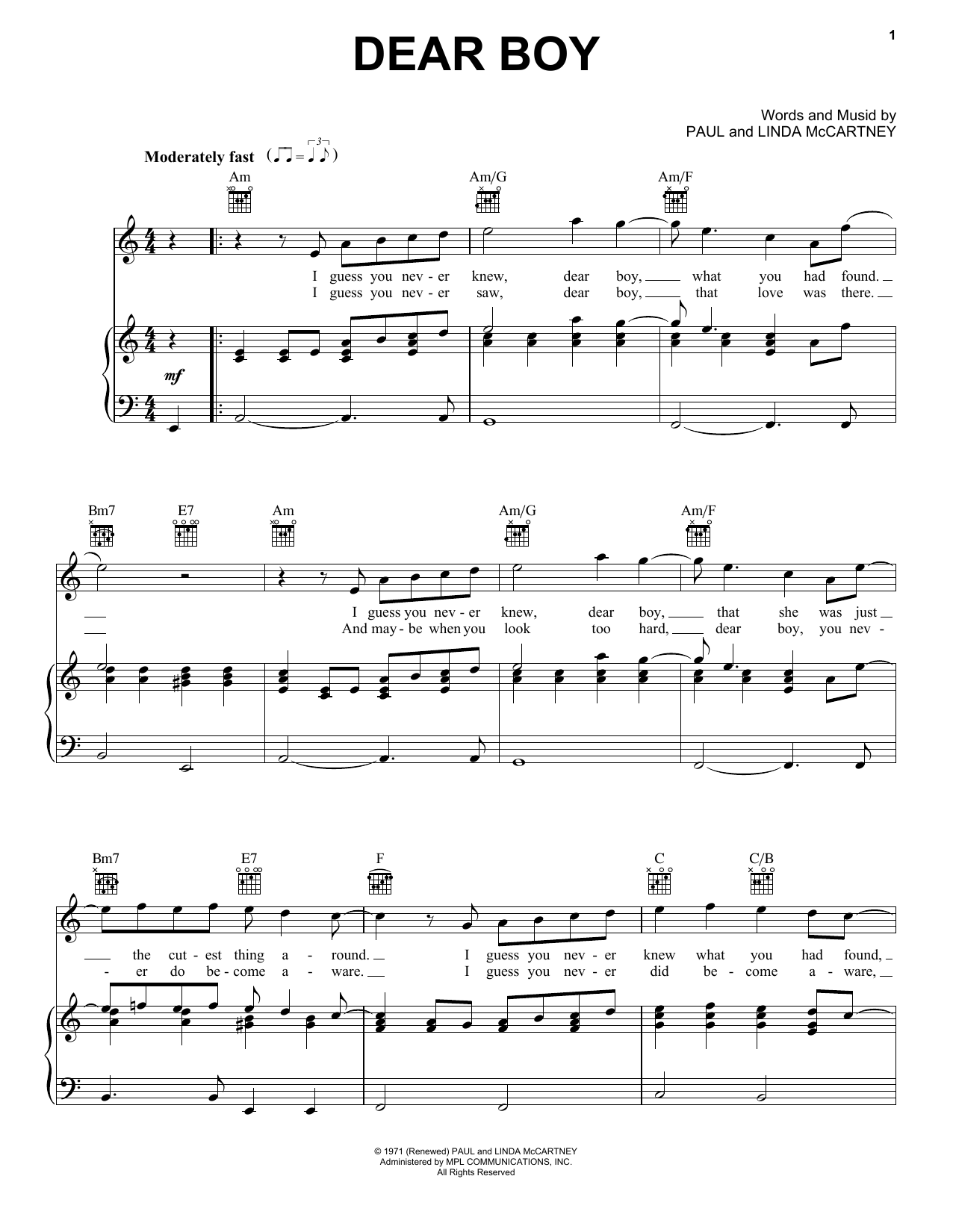 Download Paul McCartney Dear Boy Sheet Music and learn how to play Lyrics & Chords PDF digital score in minutes