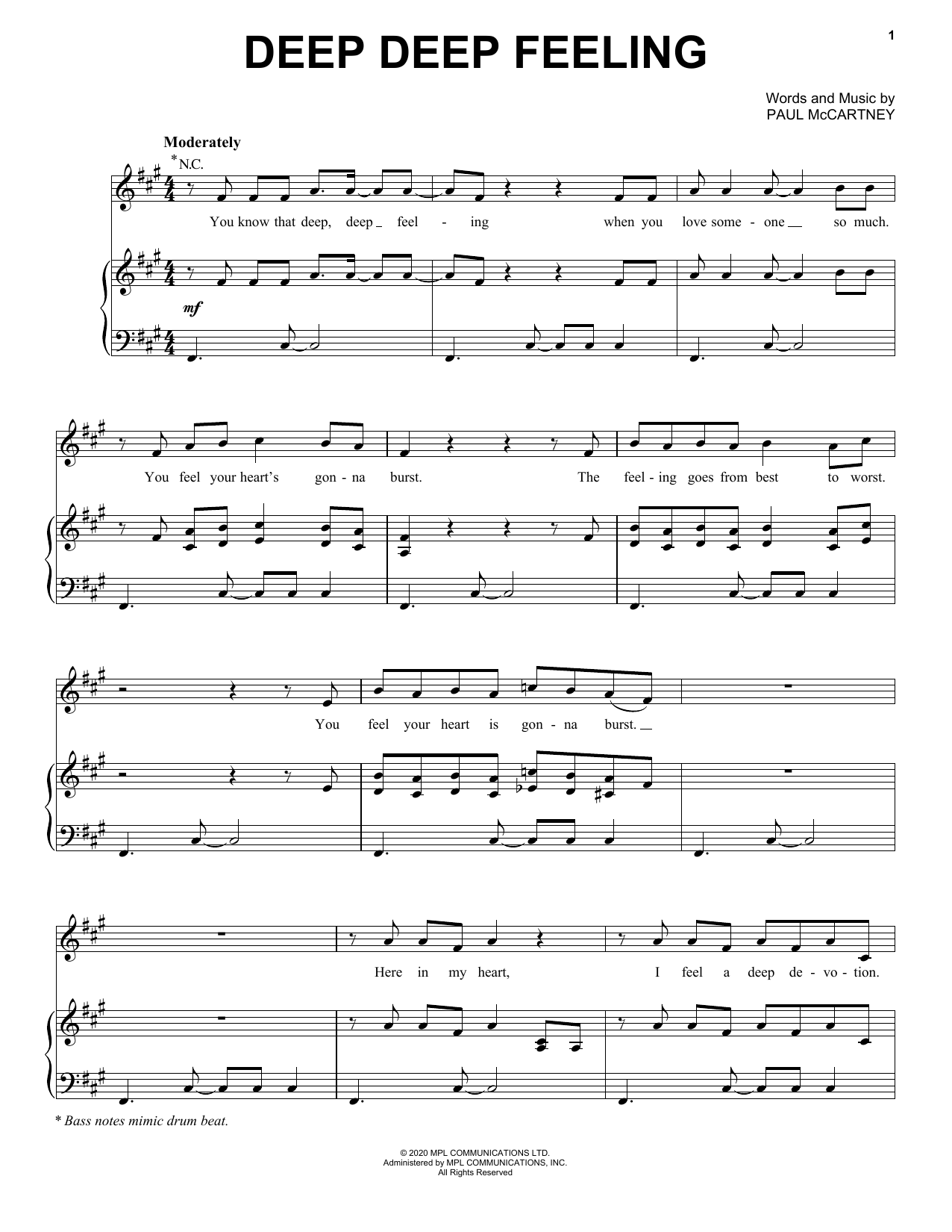 Download Paul McCartney Deep Deep Feeling Sheet Music and learn how to play Piano, Vocal & Guitar Chords (Right-Hand Melody) PDF digital score in minutes