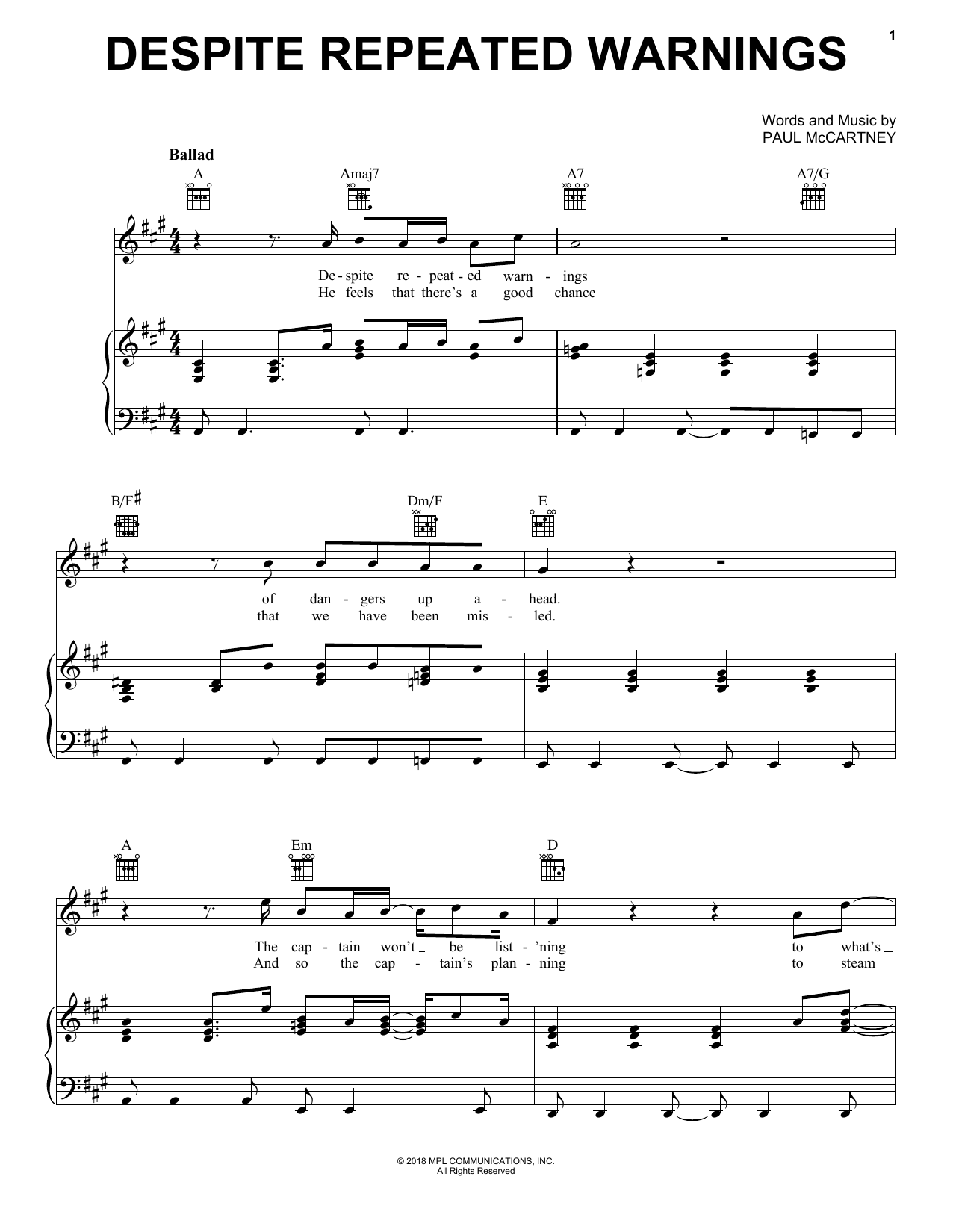 Download Paul McCartney Despite Repeated Warnings Sheet Music and learn how to play Piano, Vocal & Guitar Chords (Right-Hand Melody) PDF digital score in minutes