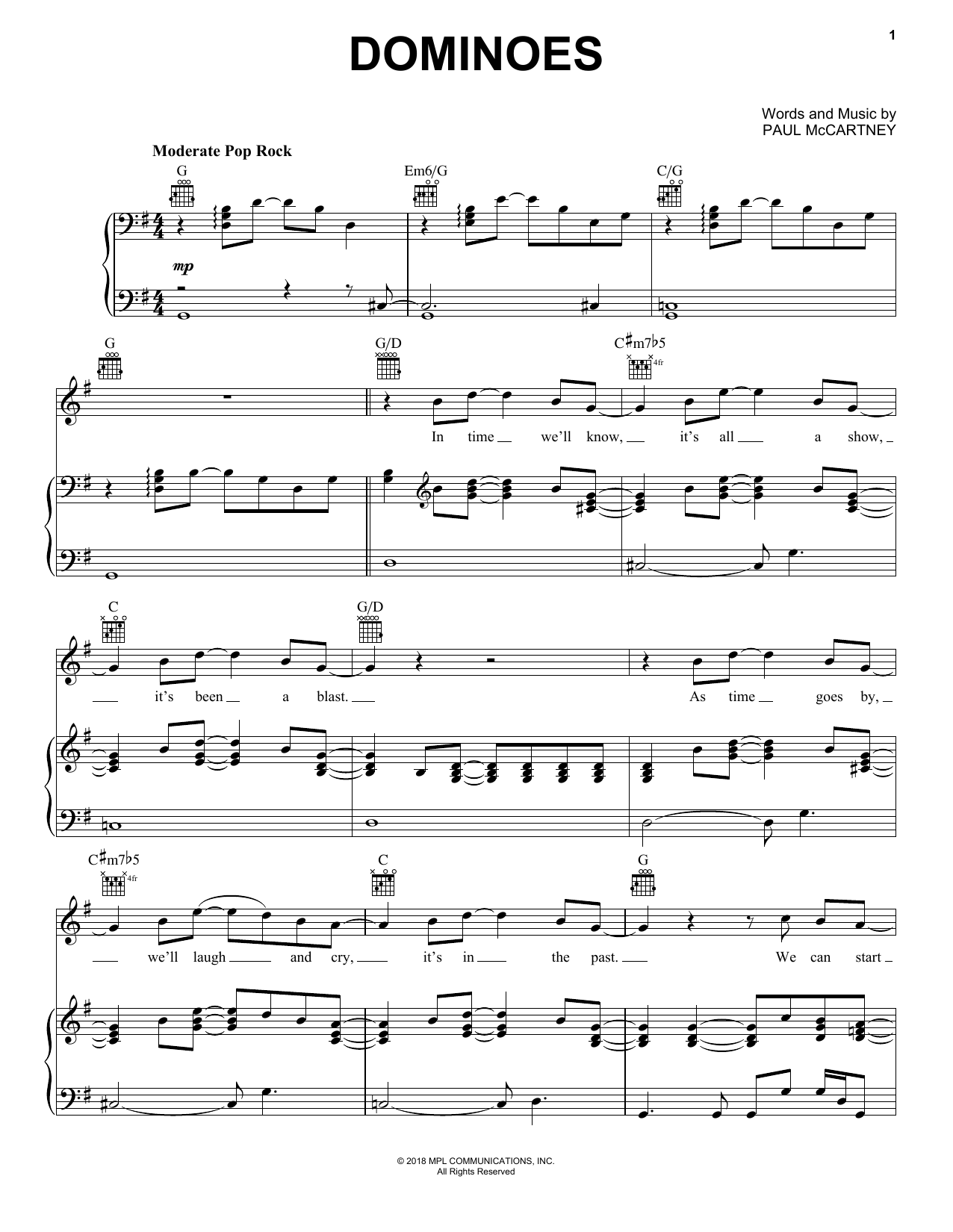 Download Paul McCartney Dominoes Sheet Music and learn how to play Piano, Vocal & Guitar Chords (Right-Hand Melody) PDF digital score in minutes
