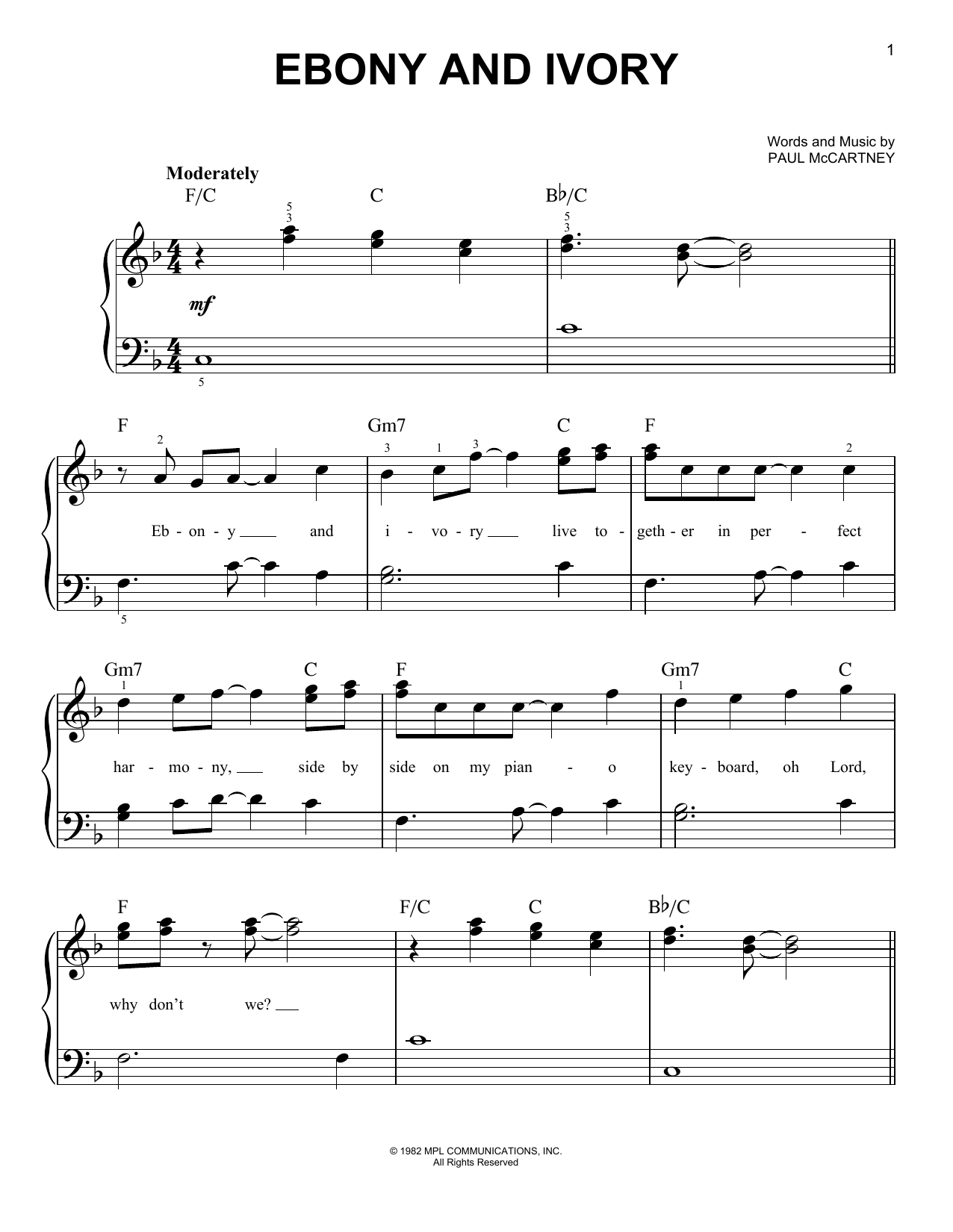 Download Paul McCartney Ebony And Ivory Sheet Music and learn how to play Real Book – Melody, Lyrics & Chords PDF digital score in minutes