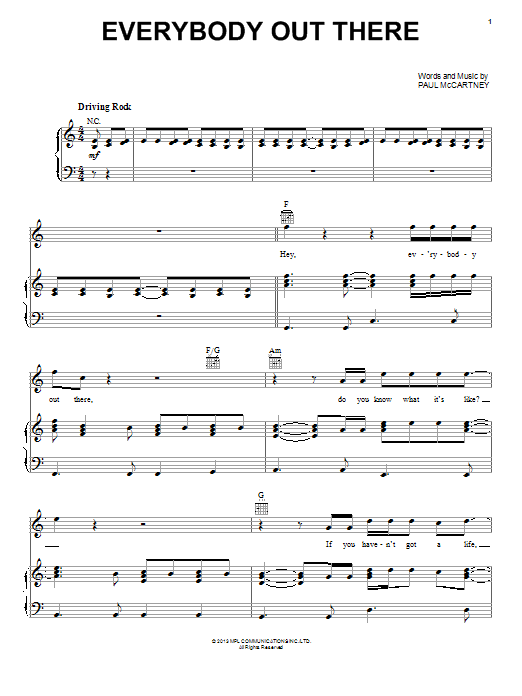 Download Paul McCartney Everybody Out There Sheet Music and learn how to play Piano, Vocal & Guitar (Right-Hand Melody) PDF digital score in minutes