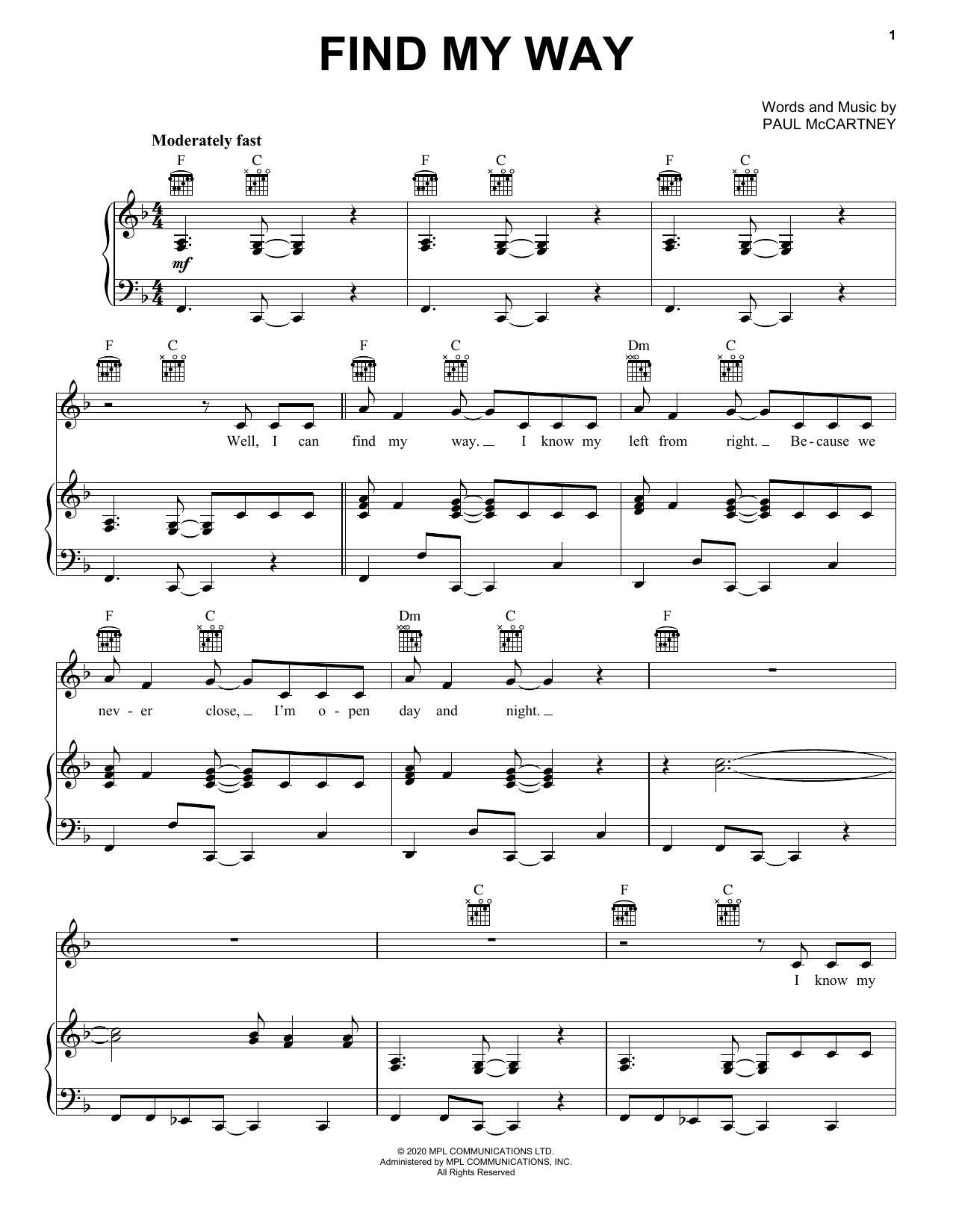 Download Paul McCartney Find My Way Sheet Music and learn how to play Piano, Vocal & Guitar Chords (Right-Hand Melody) PDF digital score in minutes