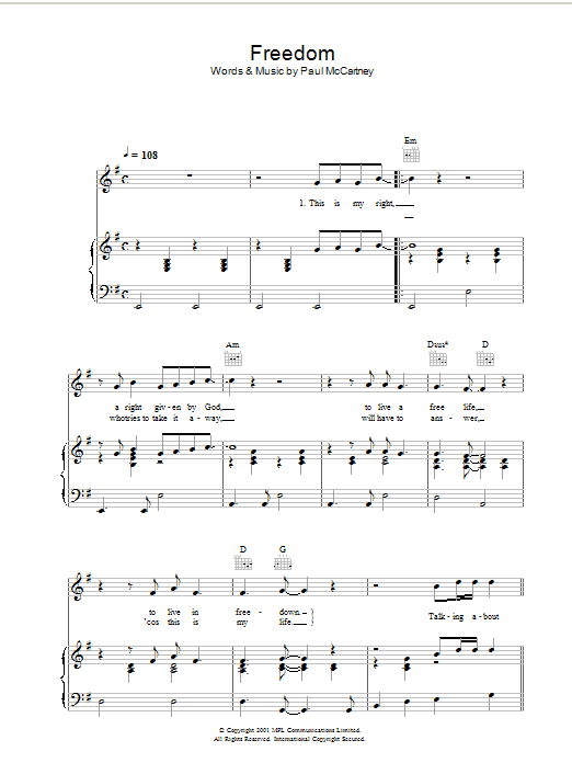 Download Paul McCartney Freedom Sheet Music and learn how to play Lyrics & Chords PDF digital score in minutes