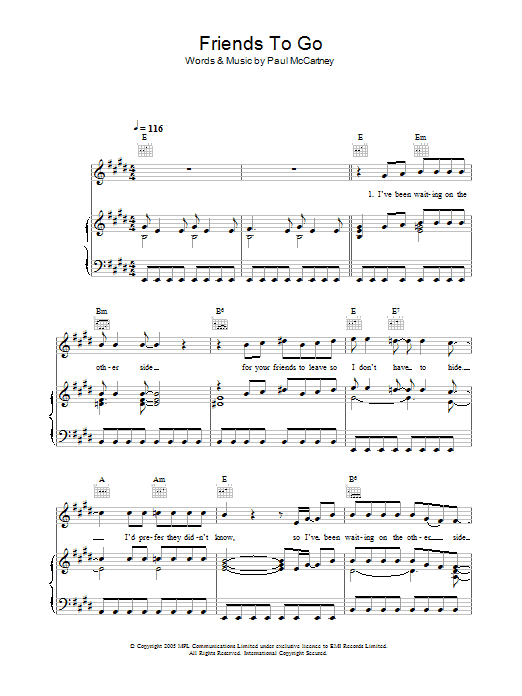 Download Paul McCartney Friends To Go Sheet Music and learn how to play Piano, Vocal & Guitar (Right-Hand Melody) PDF digital score in minutes
