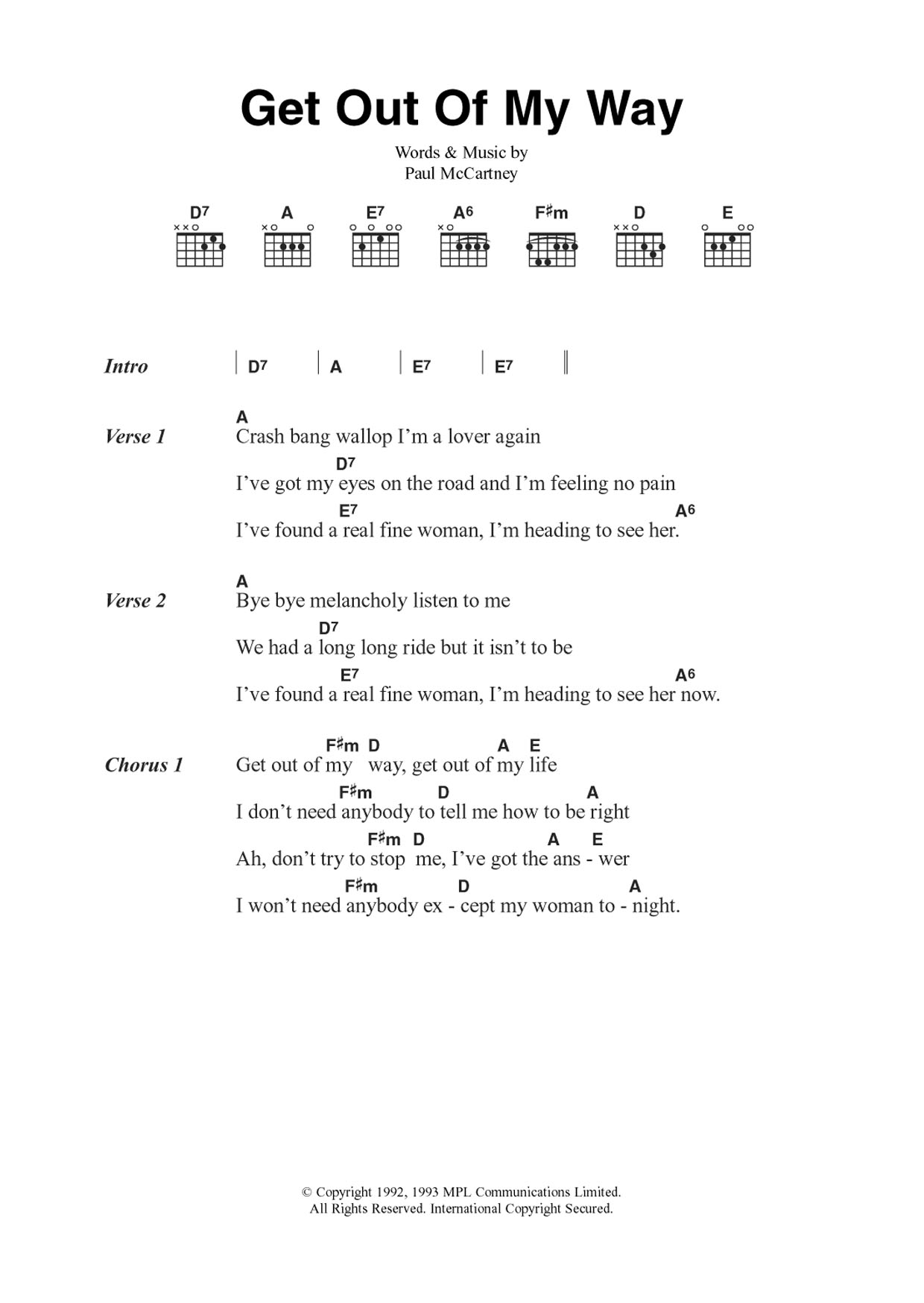 Download Paul McCartney Get Out Of My Way Sheet Music and learn how to play Guitar Chords/Lyrics PDF digital score in minutes