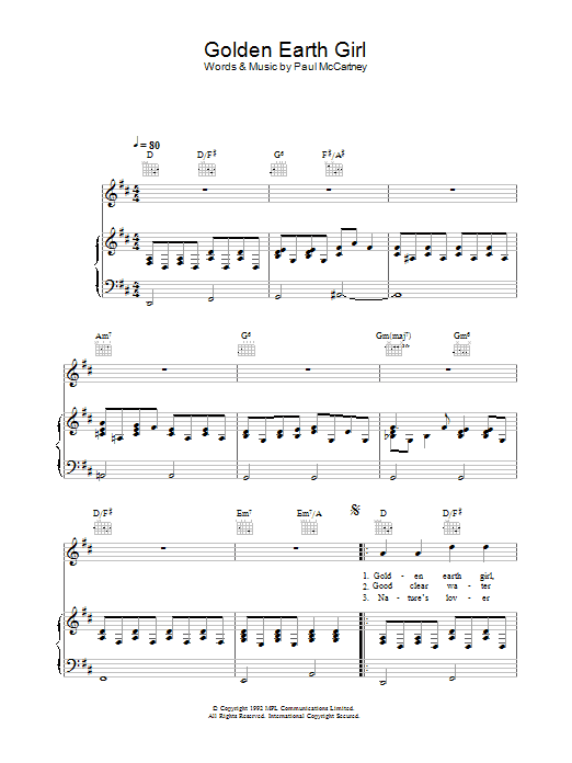 Download Paul McCartney Golden Earth Girl Sheet Music and learn how to play Lyrics & Chords PDF digital score in minutes