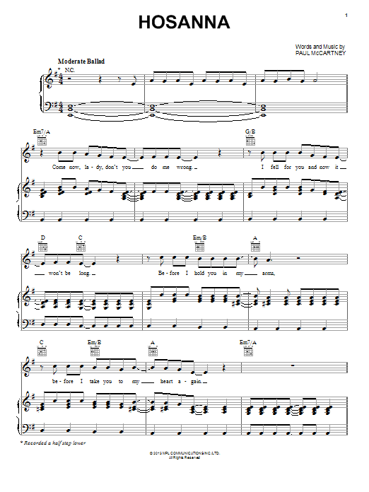 Download Paul McCartney Hosanna Sheet Music and learn how to play Piano, Vocal & Guitar (Right-Hand Melody) PDF digital score in minutes