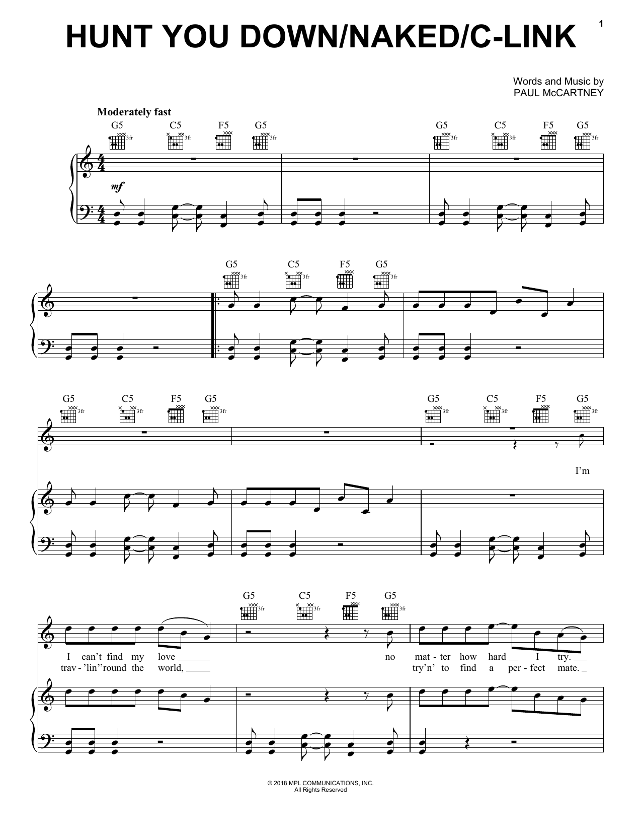 Download Paul McCartney Hunt You Down Sheet Music and learn how to play Piano, Vocal & Guitar Chords (Right-Hand Melody) PDF digital score in minutes