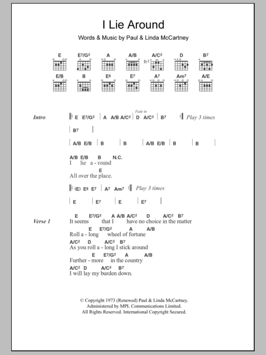 Download Paul McCartney I Lie Around Sheet Music and learn how to play Lyrics & Chords PDF digital score in minutes