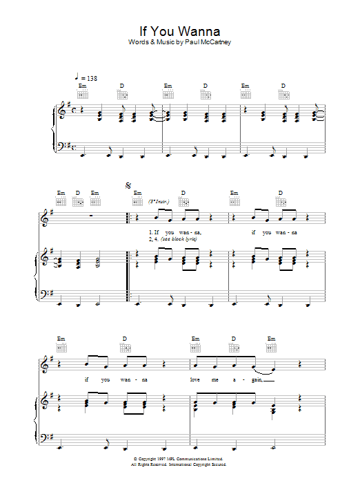 Download Paul McCartney If You Wanna Sheet Music and learn how to play Piano, Vocal & Guitar (Right-Hand Melody) PDF digital score in minutes