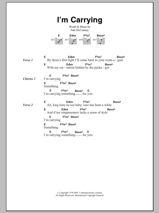 Download Paul McCartney & Wings I'm Carrying Sheet Music and learn how to play Lyrics & Chords PDF digital score in minutes