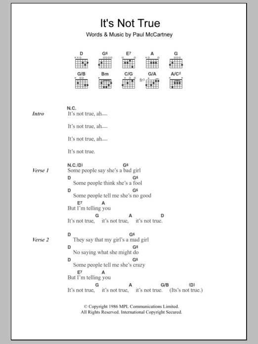 Download Paul McCartney It's Not True Sheet Music and learn how to play Lyrics & Chords PDF digital score in minutes